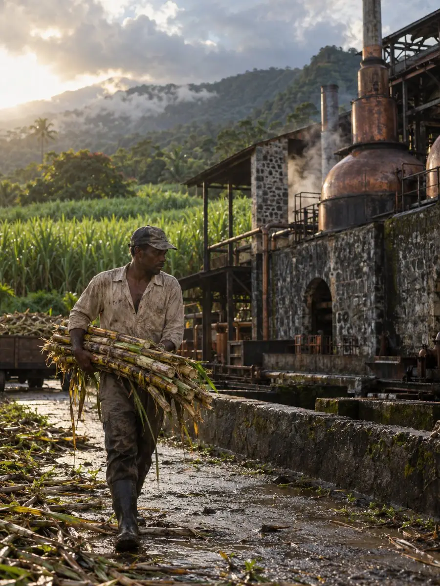 Sugar cane carried to a Caribbean rum distillery