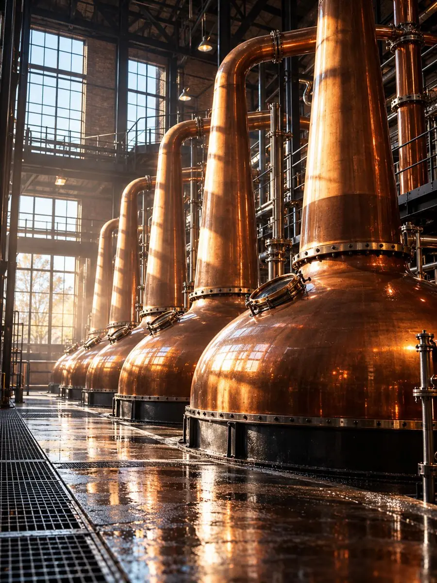 Row of copper pot stills in the distillery