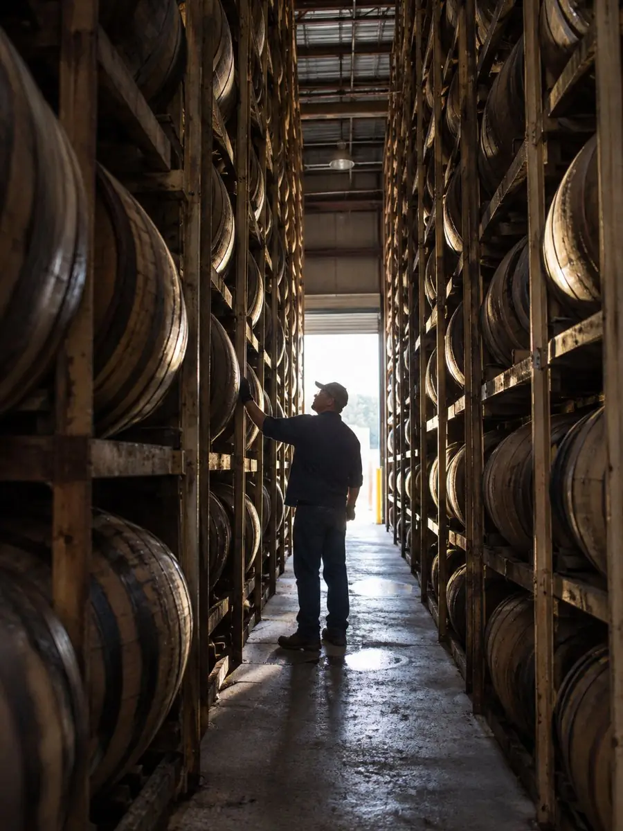 Cellar master checking barrels in the aging warehouse