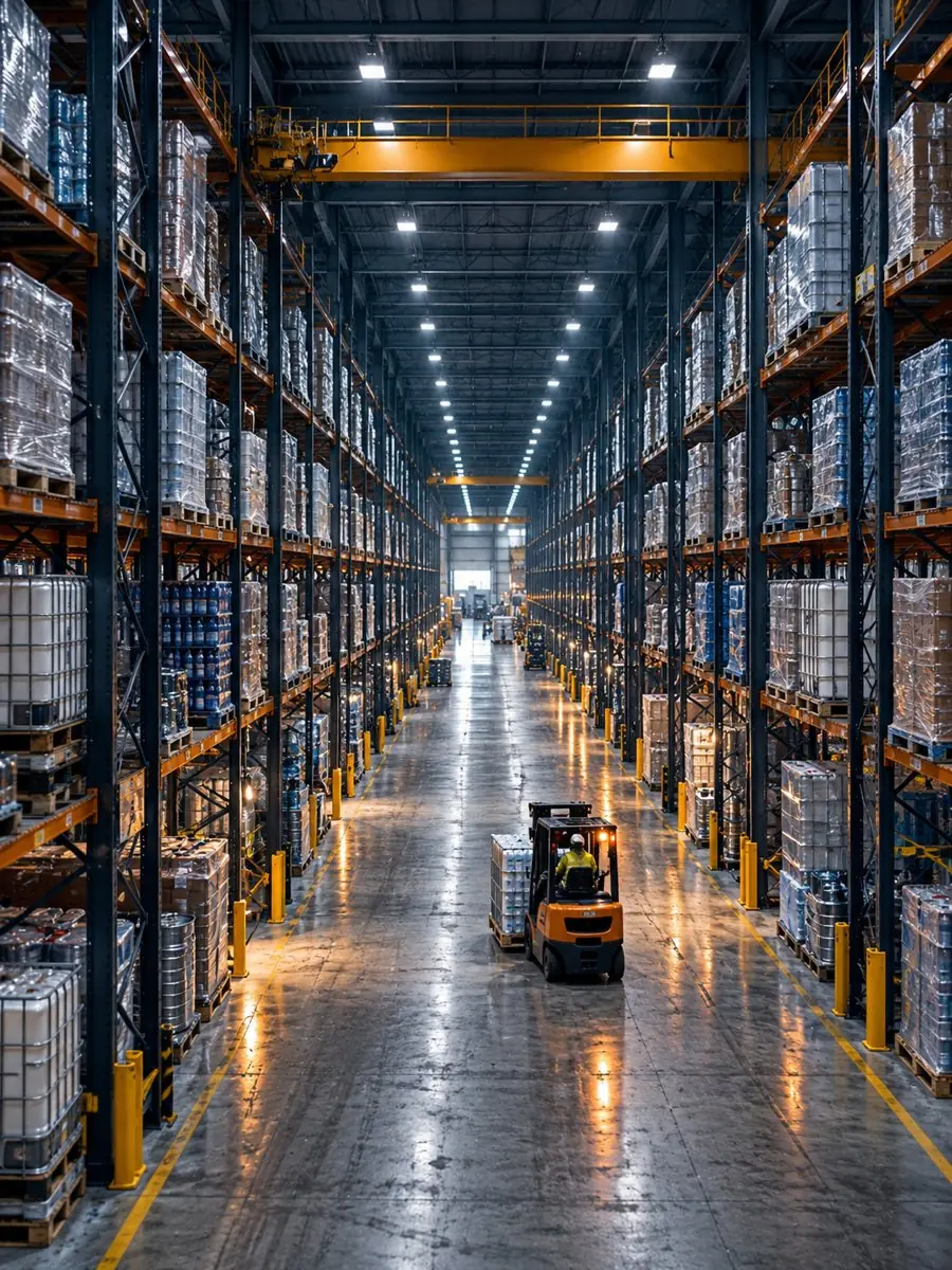 High-bay warehouse with a forklift moving pallets