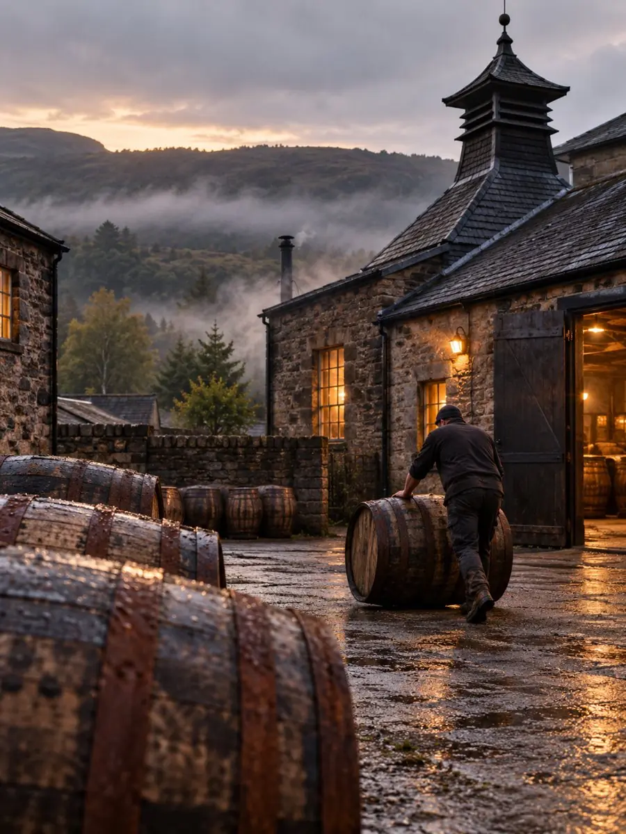 Barrels rolled into a Highland Scotch distillery