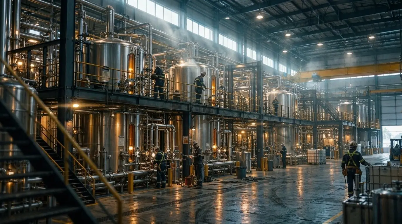 Production hall with stainless-steel tanks and operators